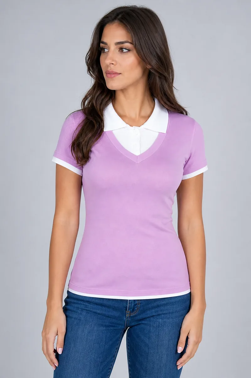 Camisa Polo Baby Look Com Gola V Sobreposta
